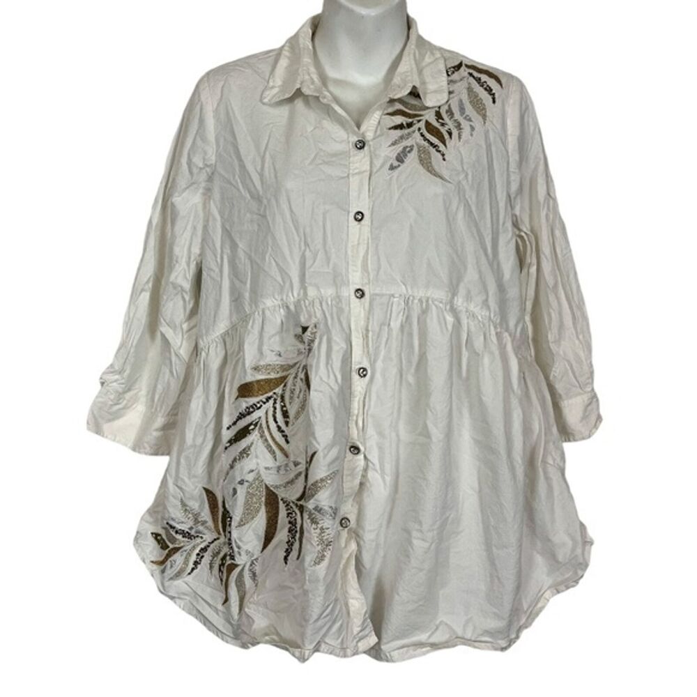 Holding Horses Anthropologie Embroidered White Button Up Babydoll Shirt Top XS